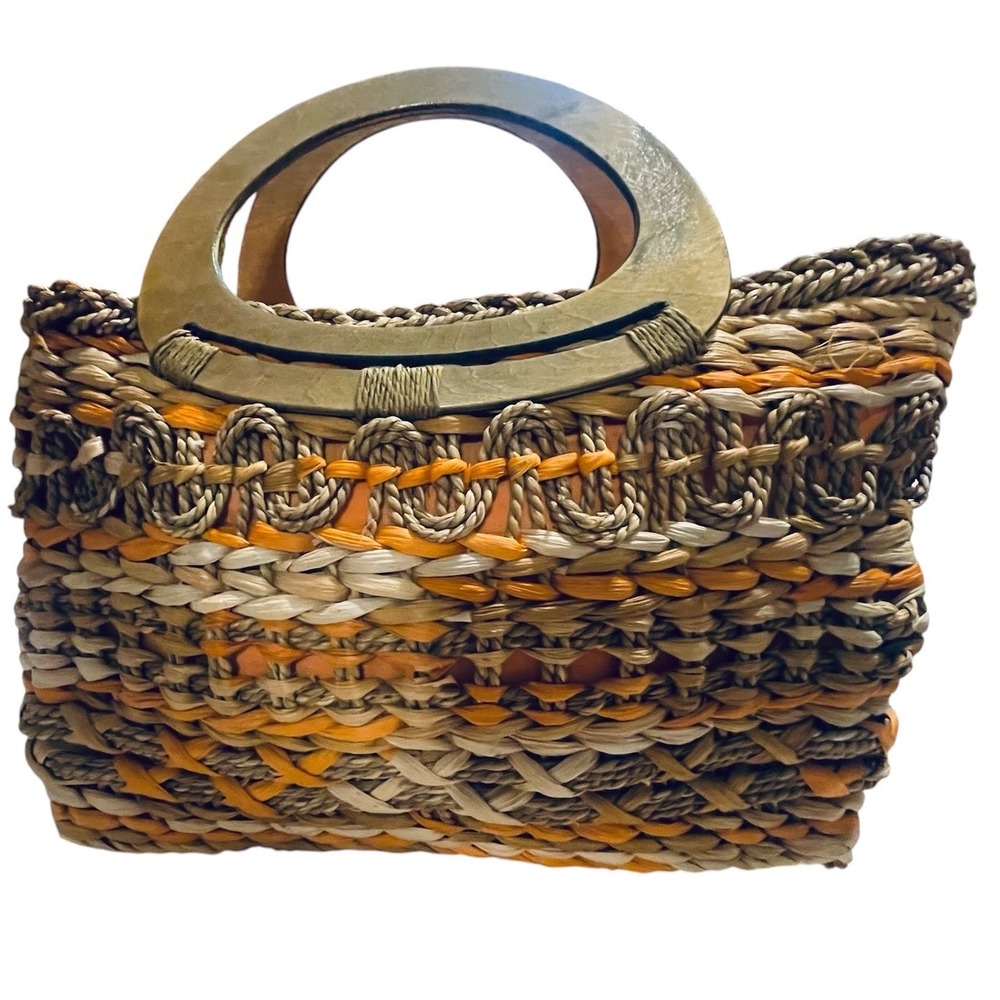 Cappelli Straworld Woven Raffia Handbag Orange Tan Boho Wood Handle Tote Bag